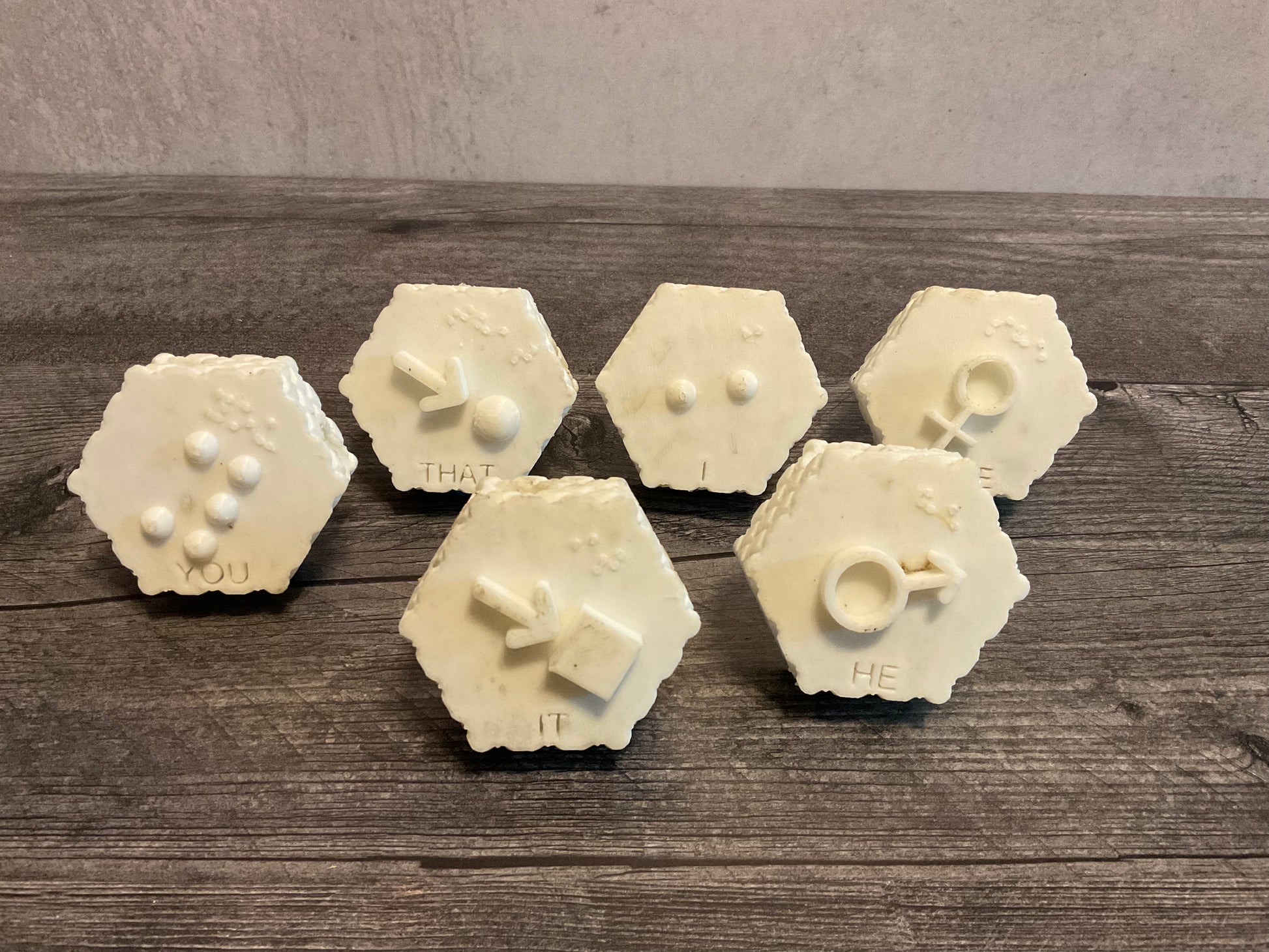 6 white hexagonal beads That You She He I It
