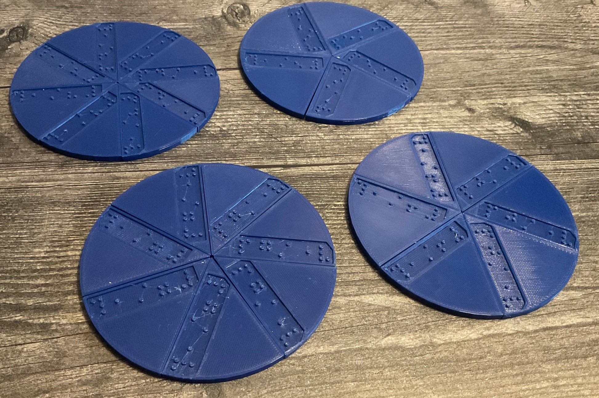 A picture showing fully assembled circles with the 1/5th, 1/6th, 1/7th, and 1/8th