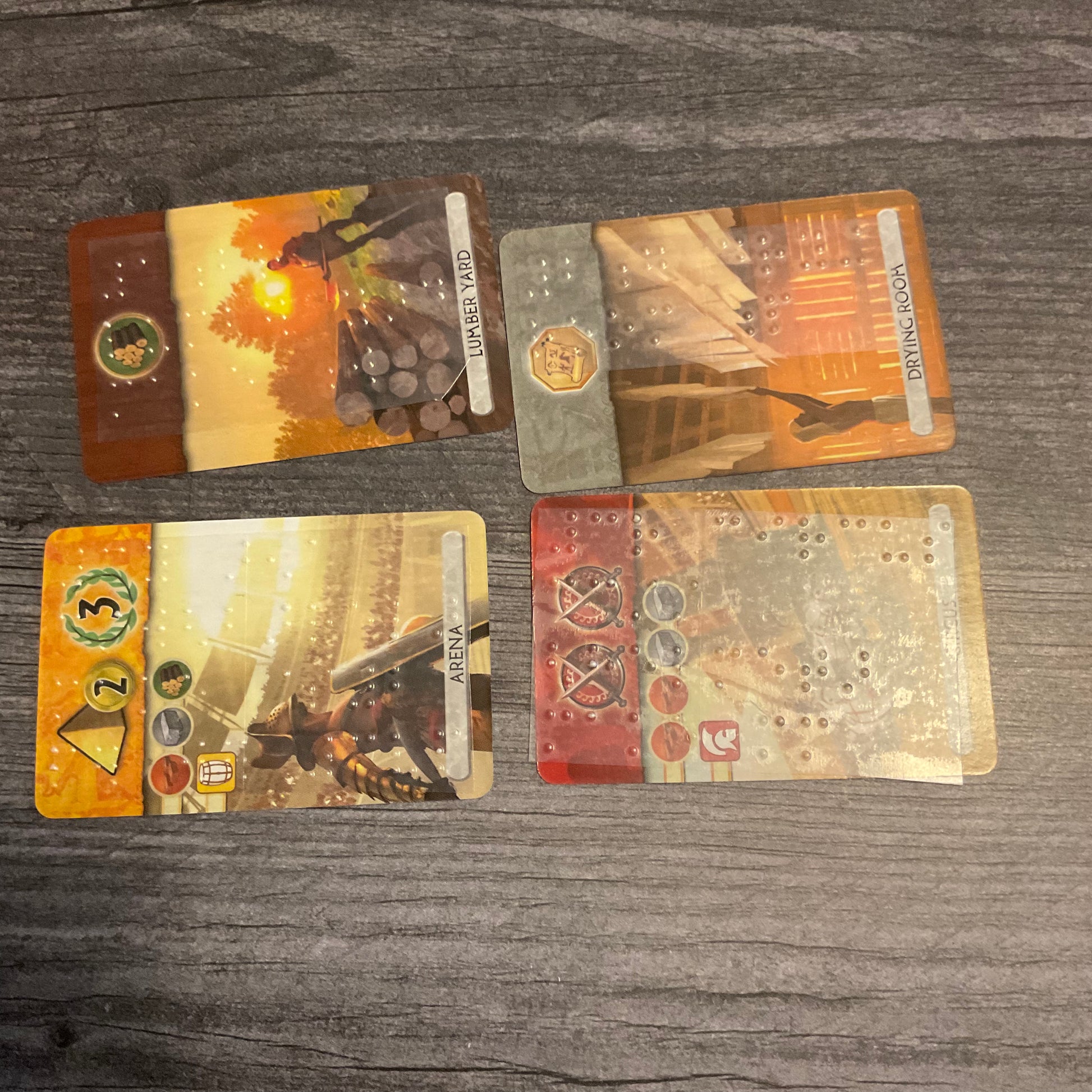 Close up on the different age cards. These are shown landscape as the braille is put on these cards sideways in order to fit all the needed information.