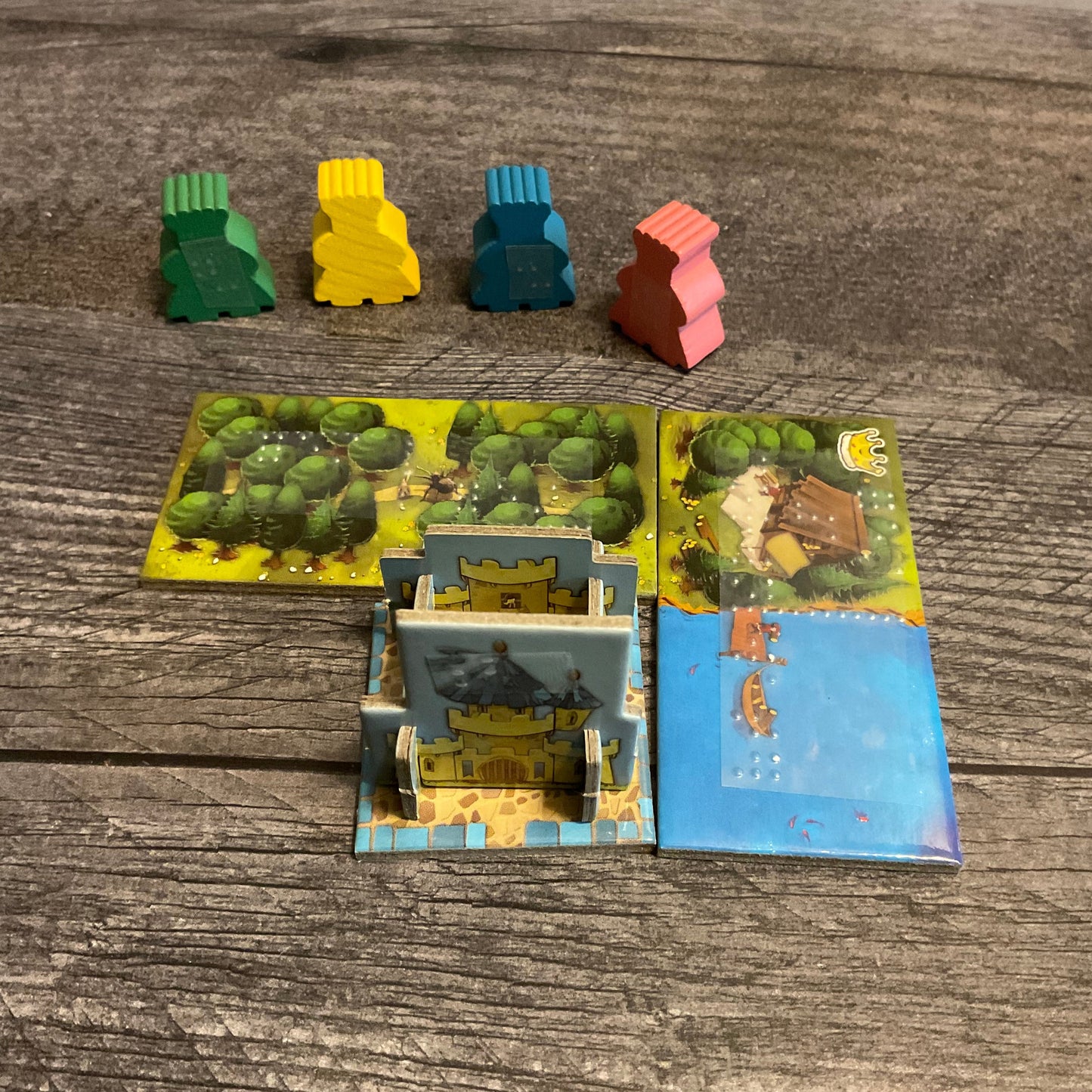 The meeples with braille on them. in front of them is the starting castle, and two domino tiles with forest and water. All are labeled in braille