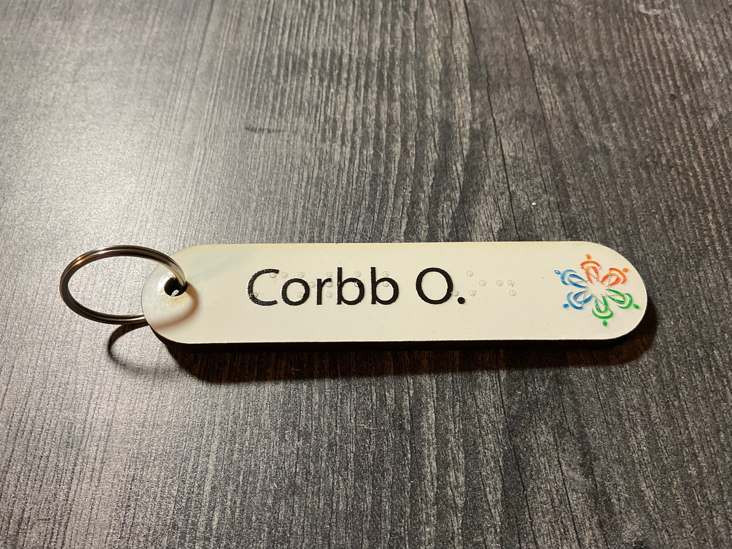 close up on the cane tag with a tactile picture