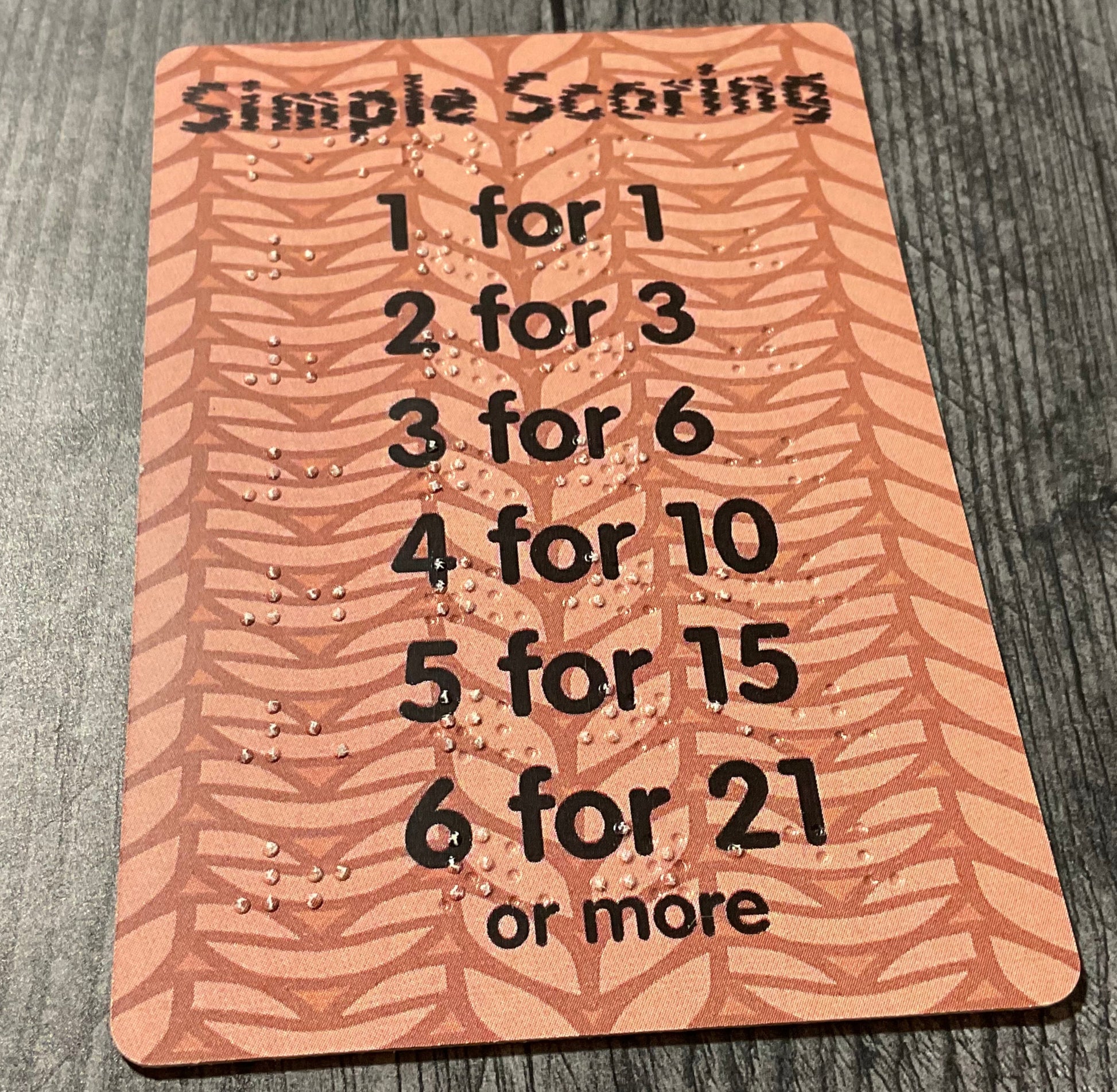 Close up on the scoring reference card.