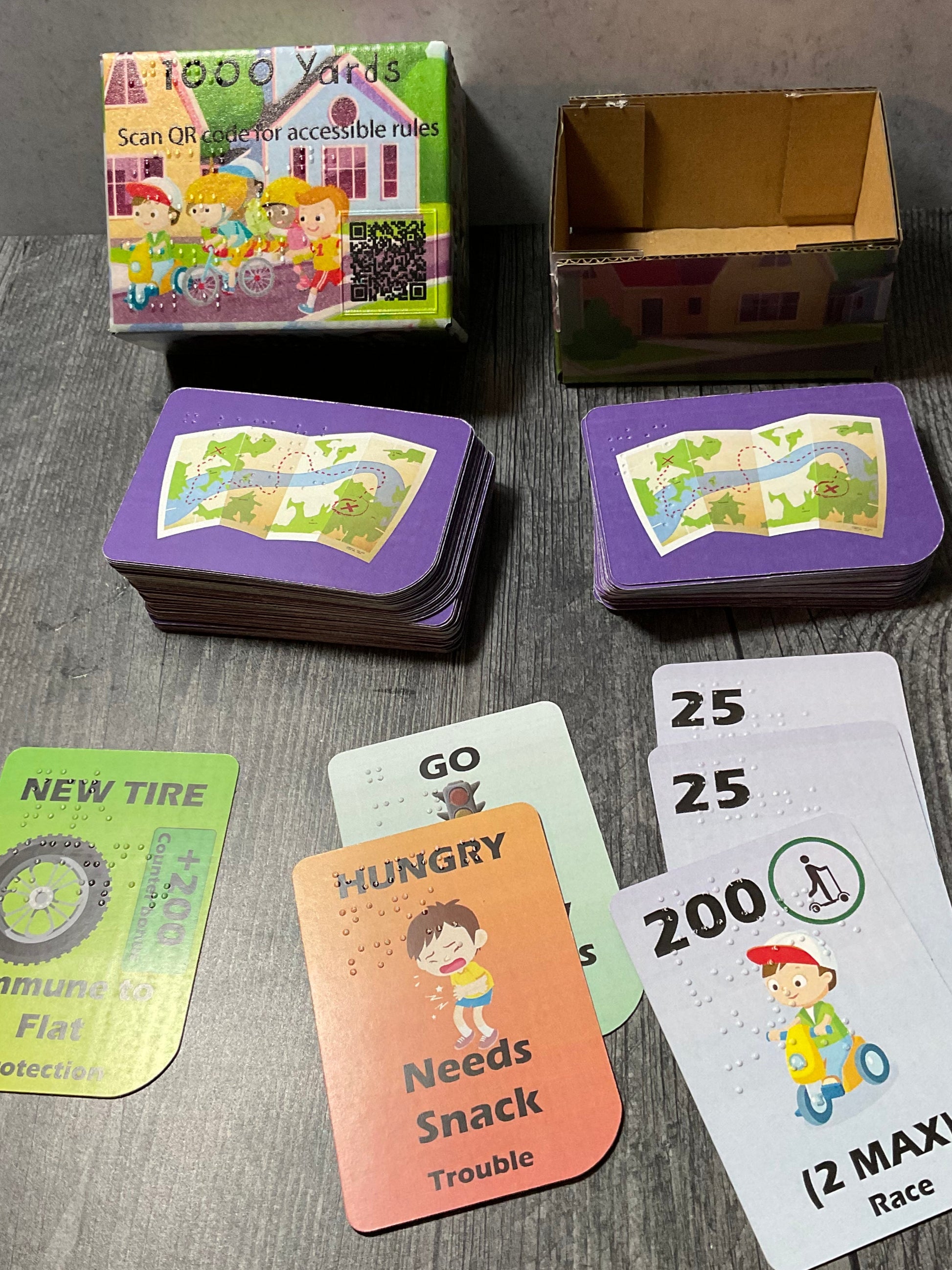 A shot of the prototype 1000 Yards box and a few of the cards laid out.