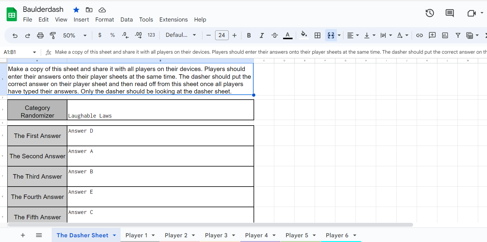 This is the picture of the part of the spreadsheet that has everyone's answers. Nobody knows which person submitted which answer.