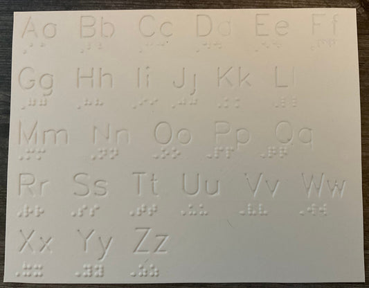 The alphabet in print on a piece of white plastic. The letters are extruded down.