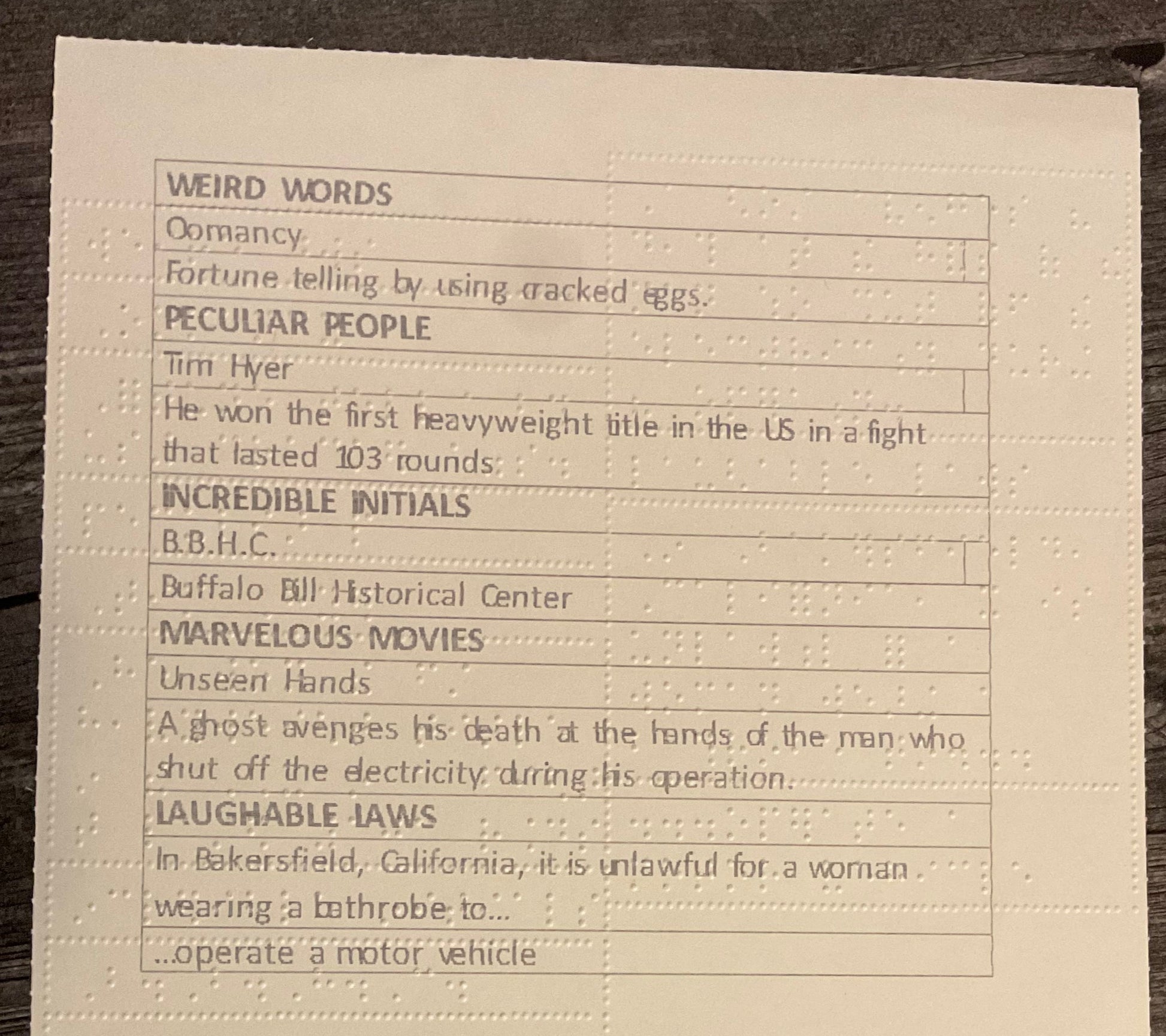 A picture of one of the large print/braille cards showing the different words that people may have to define