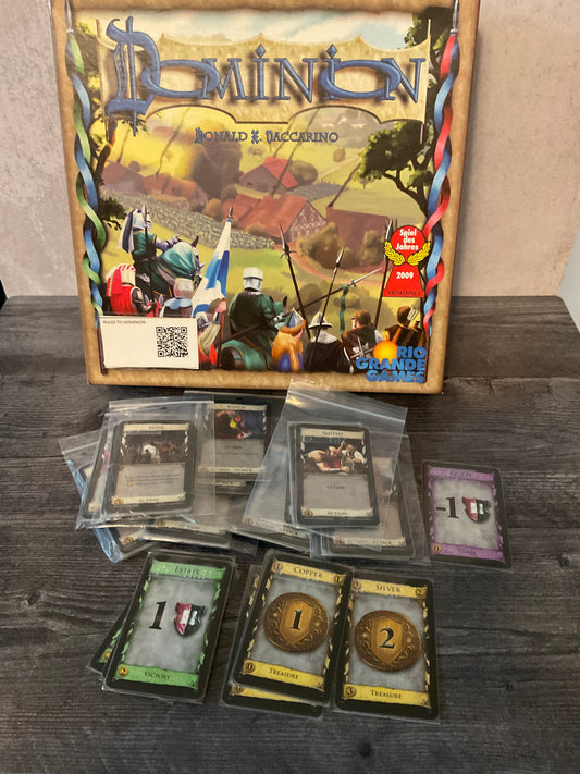 The old version of Dominion but the 2nd Edition kit is very similar. The card sets are organized into bags(not included) and all the cards have braille on them