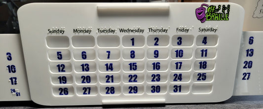 The perpetual calendar sitting up set for a month that starts with the 1st on a Wednesday. The calendar days can be slid left and right to move the starting day to be any of the other days of the week, adjusting the calendar accordingly.