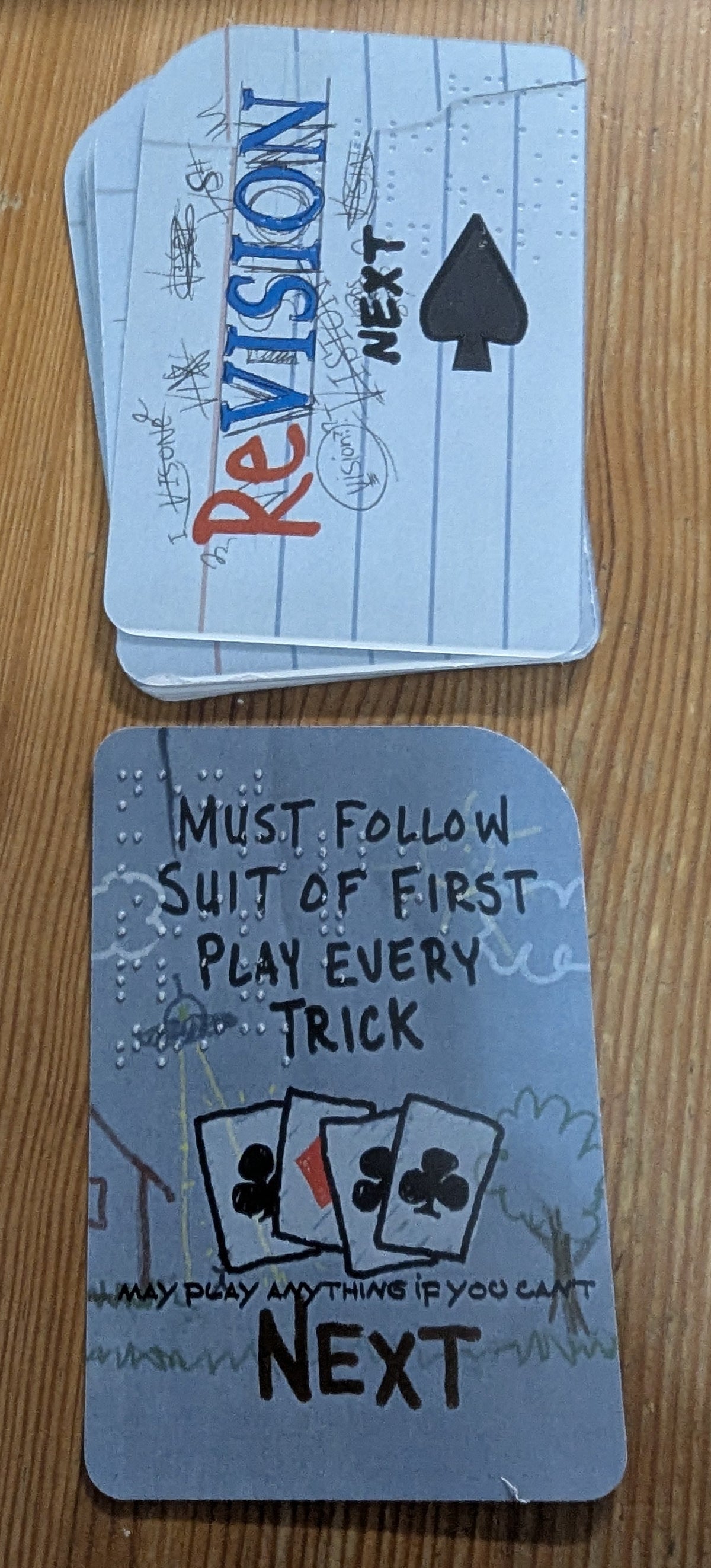 This picture shows the blue next cards. Next cards determine what can be played after another player plays with rules like follow suit, play higher numbers and more.
