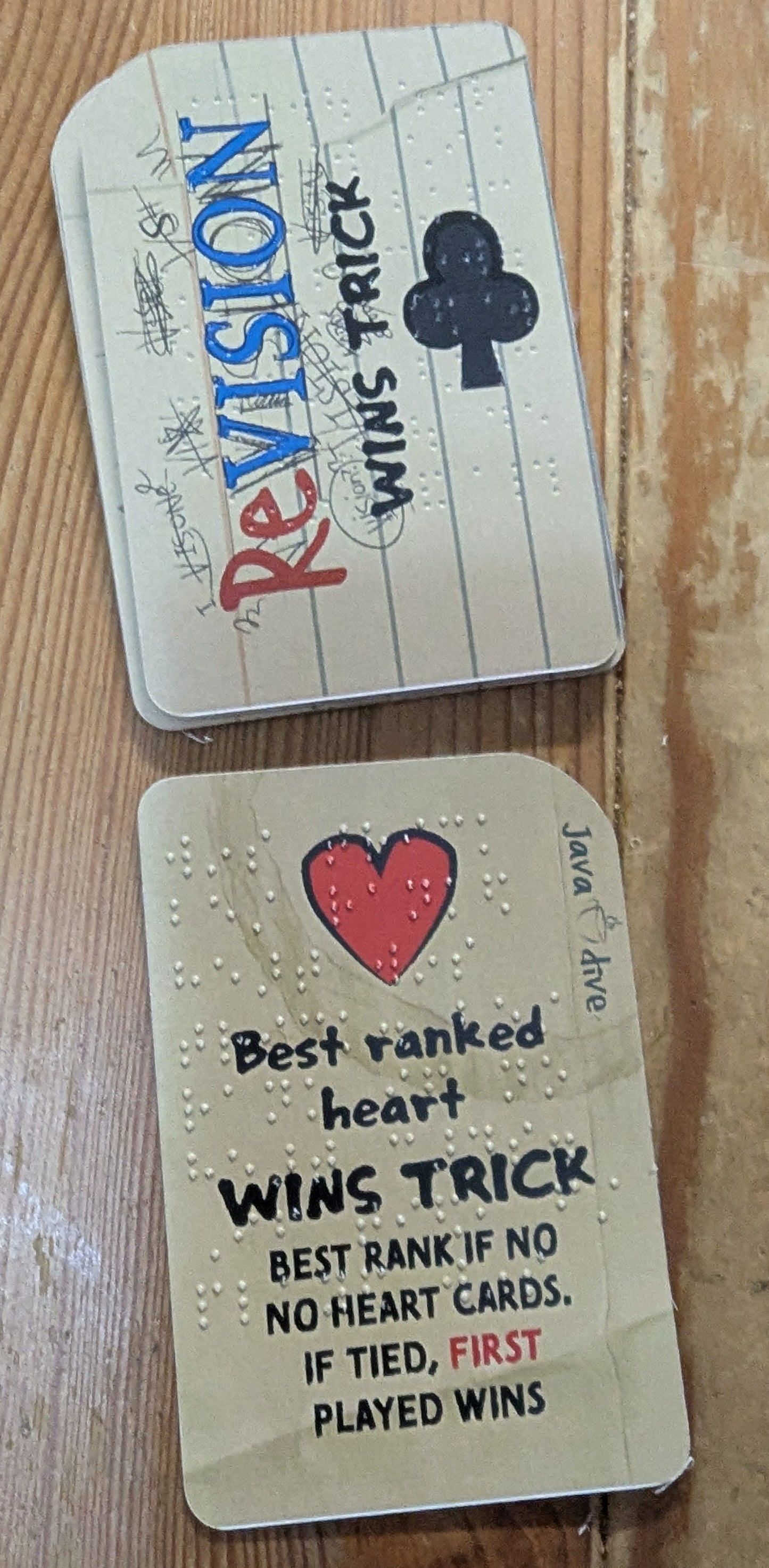 This shows wins trick rules. Wins trick rules determine what criteria determines what takes the trick. Of course all the cards have both print and braille on them.